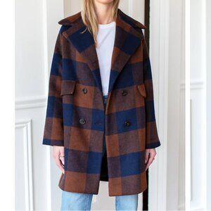 NWOT Emerson Fry Thomas Coat - Plaid Wool - Navy, Brown - S